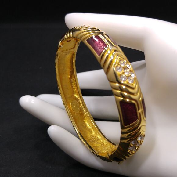 Joan Rivers Gold Plated Red Enamel Rhinestone Hinged Bracelet Vintage Jewelry - Picture 2 of 9